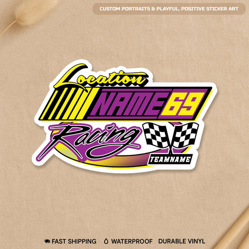 Custom checkered flag racing sticker with name, number, team and location