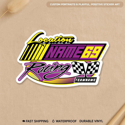 Custom checkered flag racing sticker with name, number, team and location