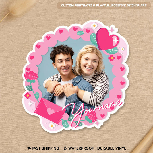 Custom couple face photo sticker with hearts and a name