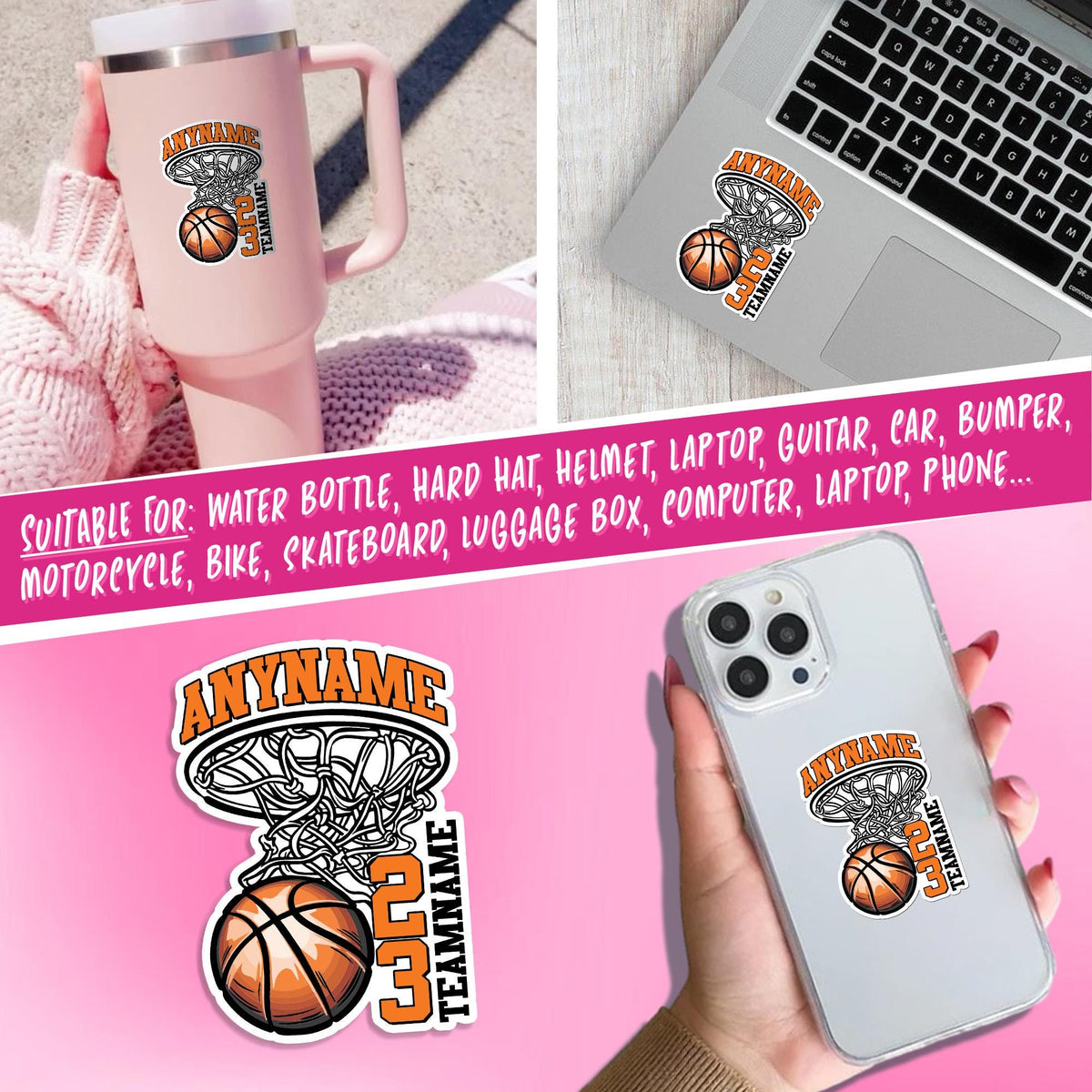 Custom basketball sticker with a name, number and team name – view 5