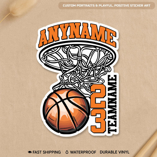 Custom basketball sticker with a name, number and team name