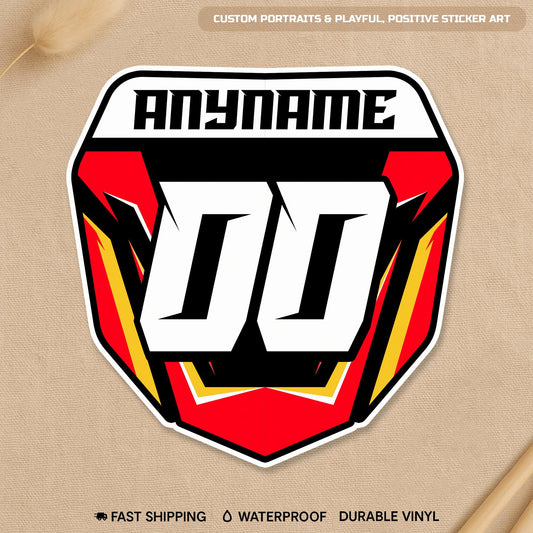 Custom motocross plate sticker with a name and number