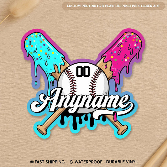 Custom baseball drip sticker with crossed bats, a name and a number