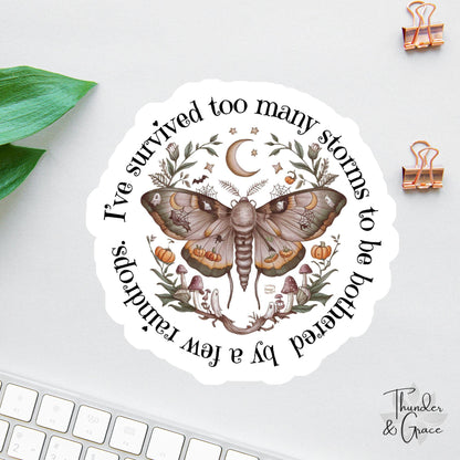I've Survived Too Many Storms sticker, warrior quote