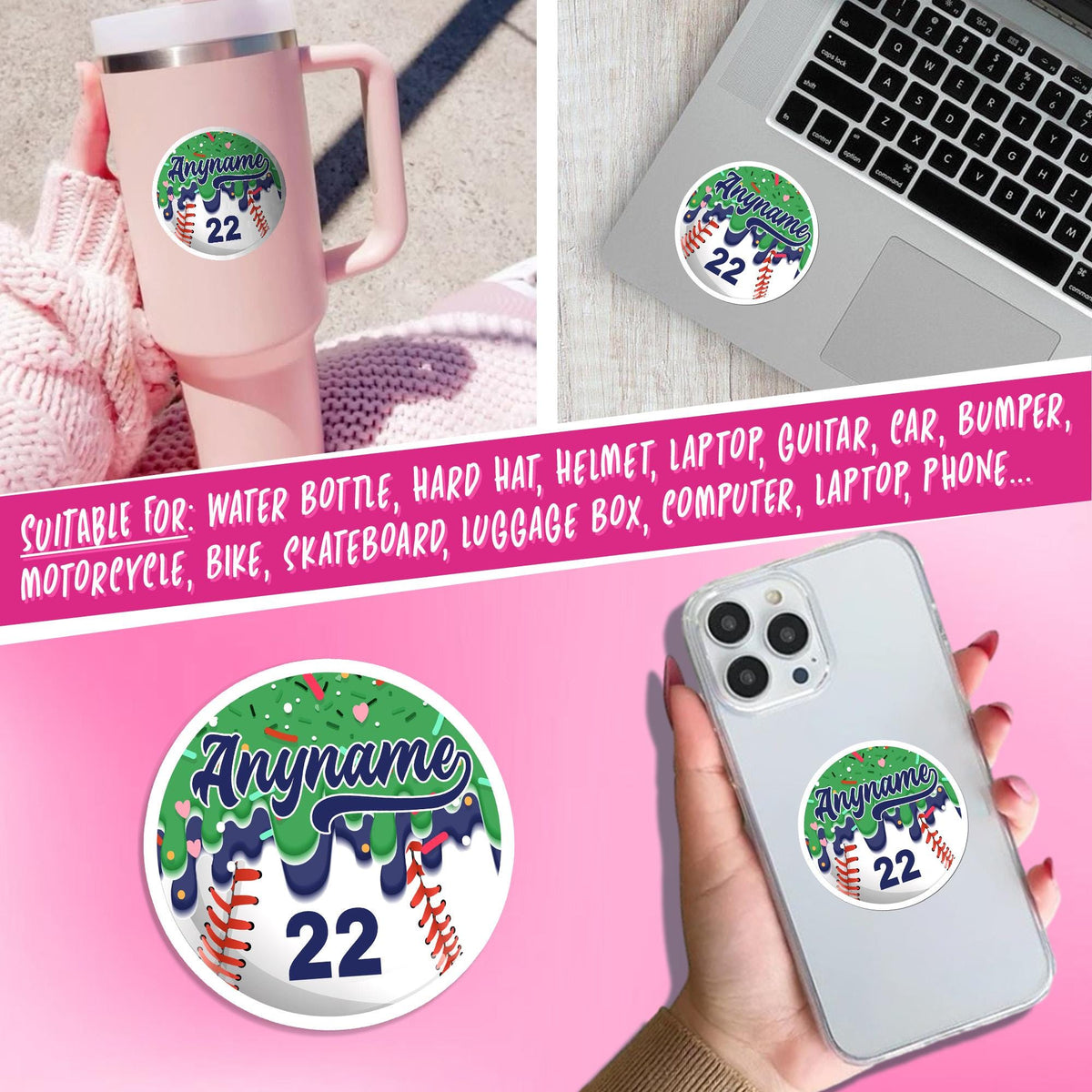 Custom round baseball drip sticker with a name and number – view 5