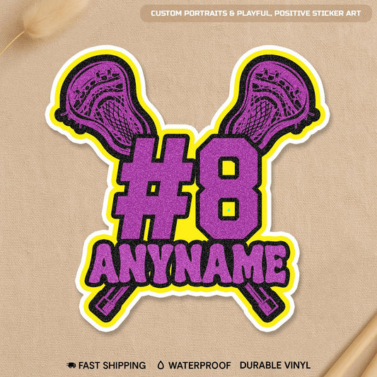 Custom lacrosse sticker with a name, number and outline color
