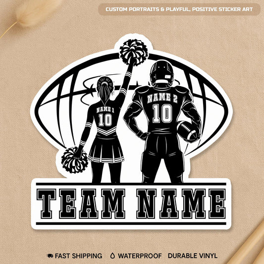 Custom football player and cheerleader sticker with two names, numbers and a team name