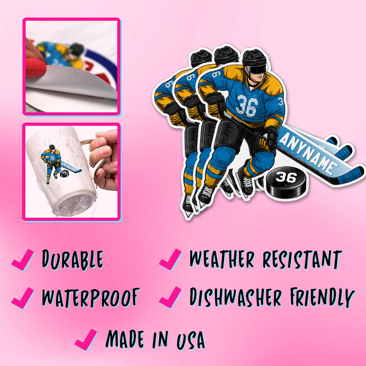 Custom skating hockey player sticker with a name and number – view 4