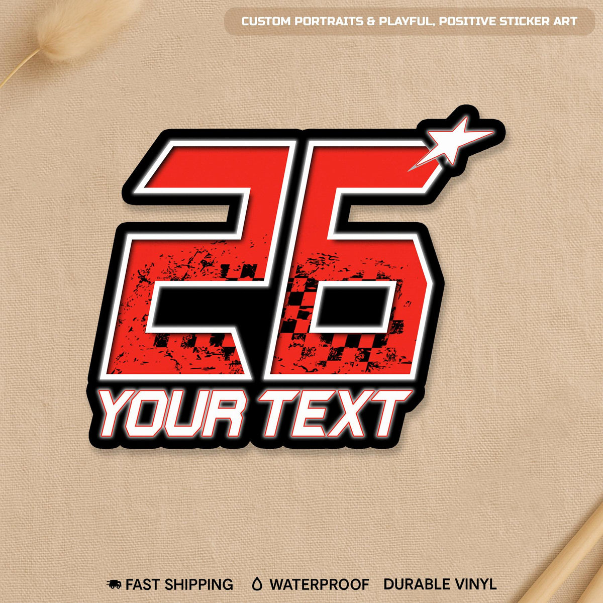 Custom racer flag sticker with a name and number