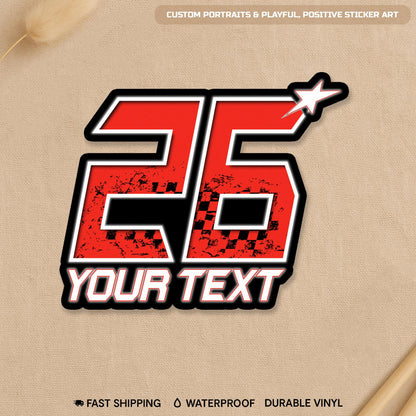 Custom racer flag sticker with a name and number