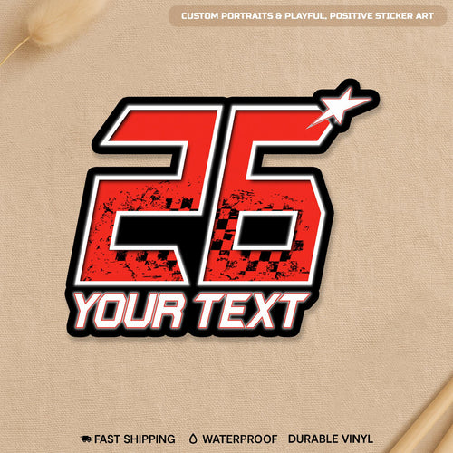 Custom racer flag sticker with a name and number