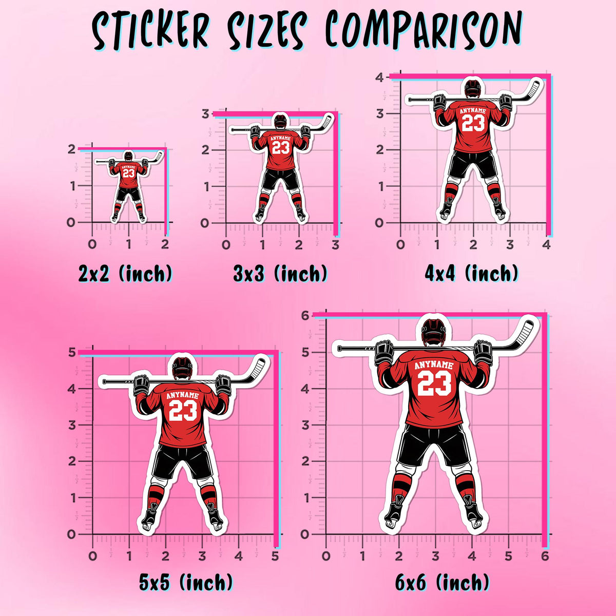 Custom hockey player sticker with a name and number, female or male player – view 3