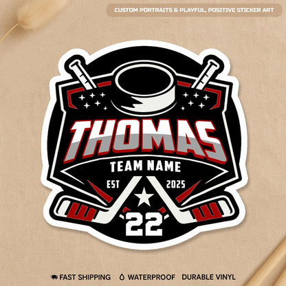 Custom hockey sticker with a name, number and team name