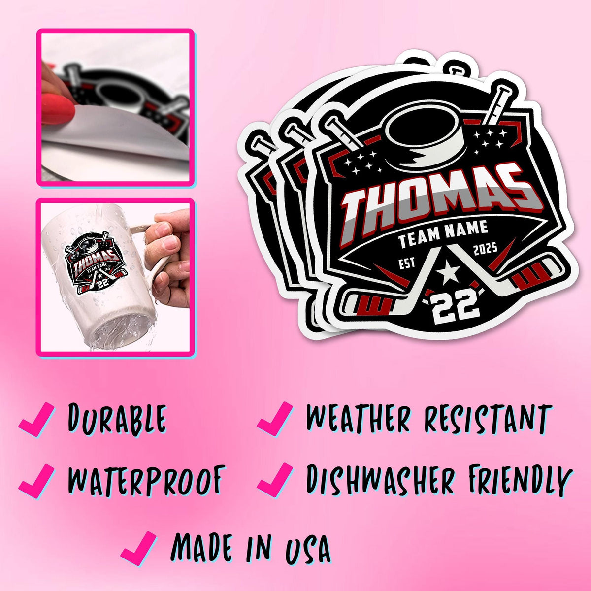 Custom hockey sticker with a name, number and team name – view 4