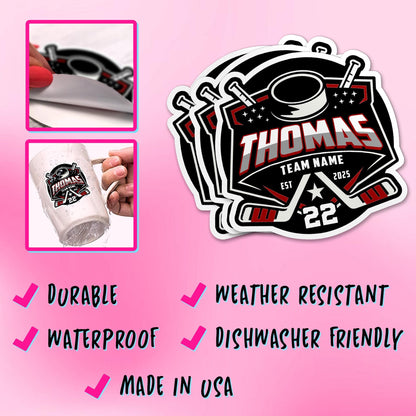 Custom hockey sticker with a name, number and team name – view 4