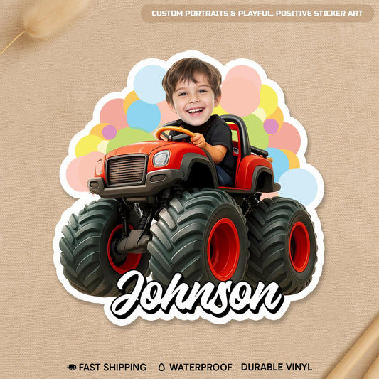 Custom race car sticker with a kid's face photo and a name
