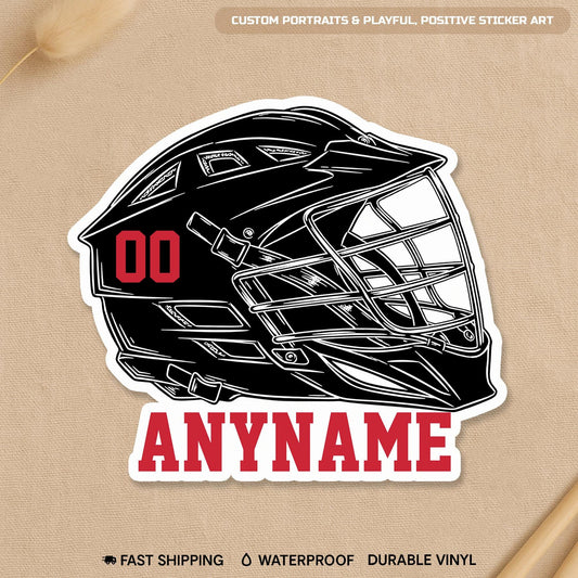 Custom lacrosse helmet sticker with a name, number and helmet color