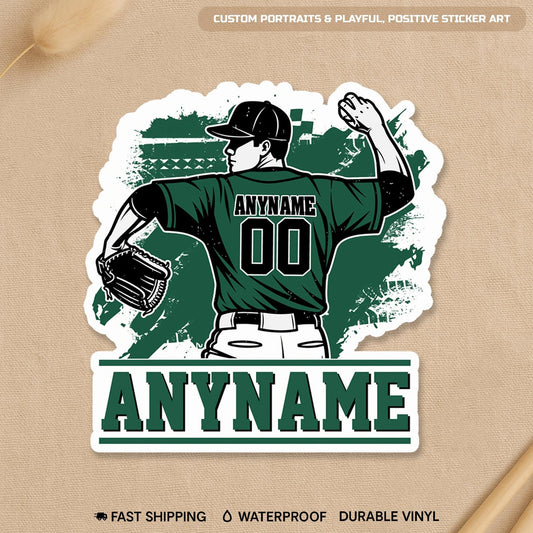 Custom baseball sticker with a pitcher in a green jersey and a name