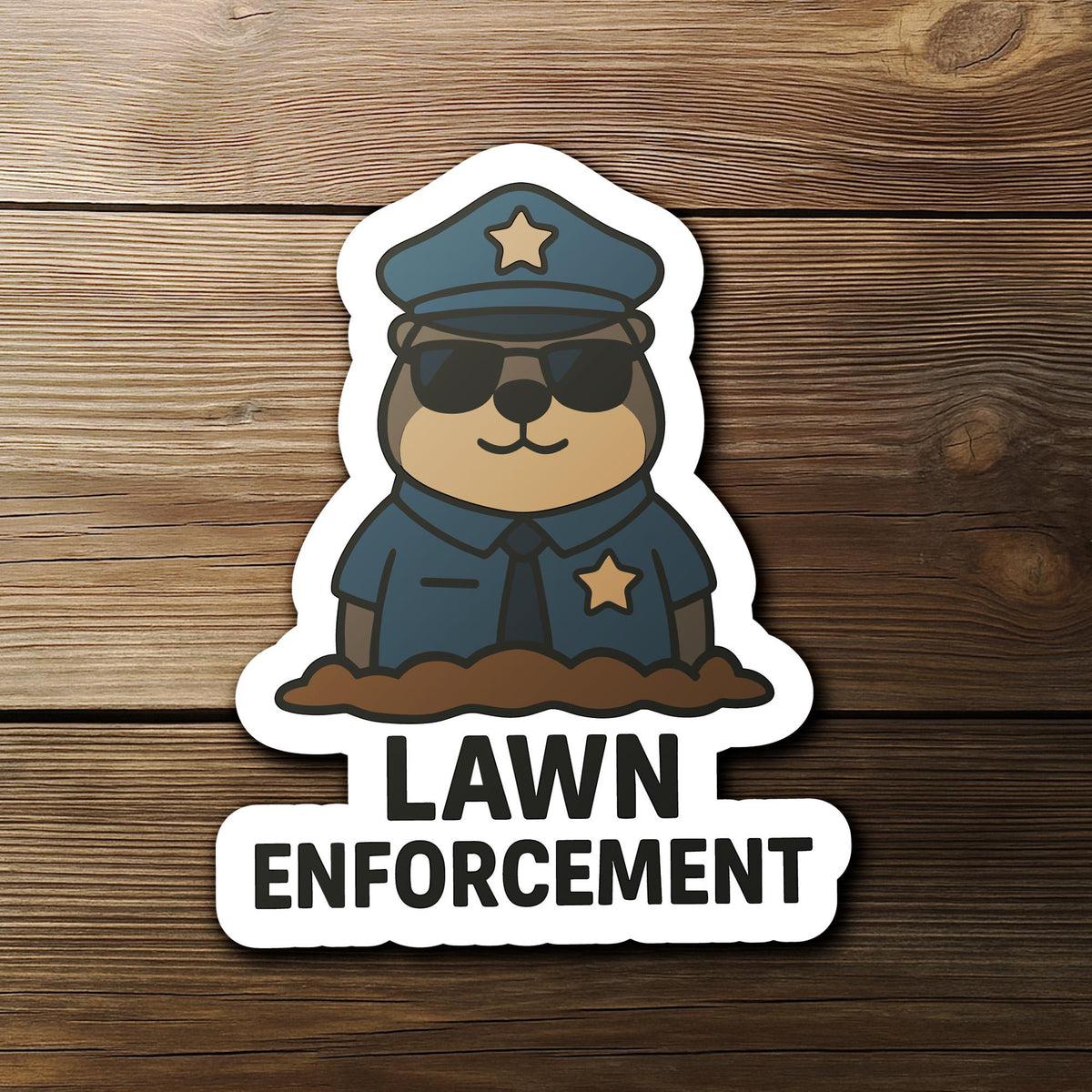 Lawn Enforcement Mole sticker, funny police pun design