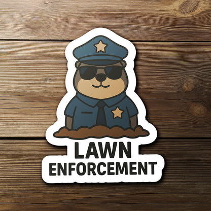 Lawn Enforcement Mole sticker, funny police pun design
