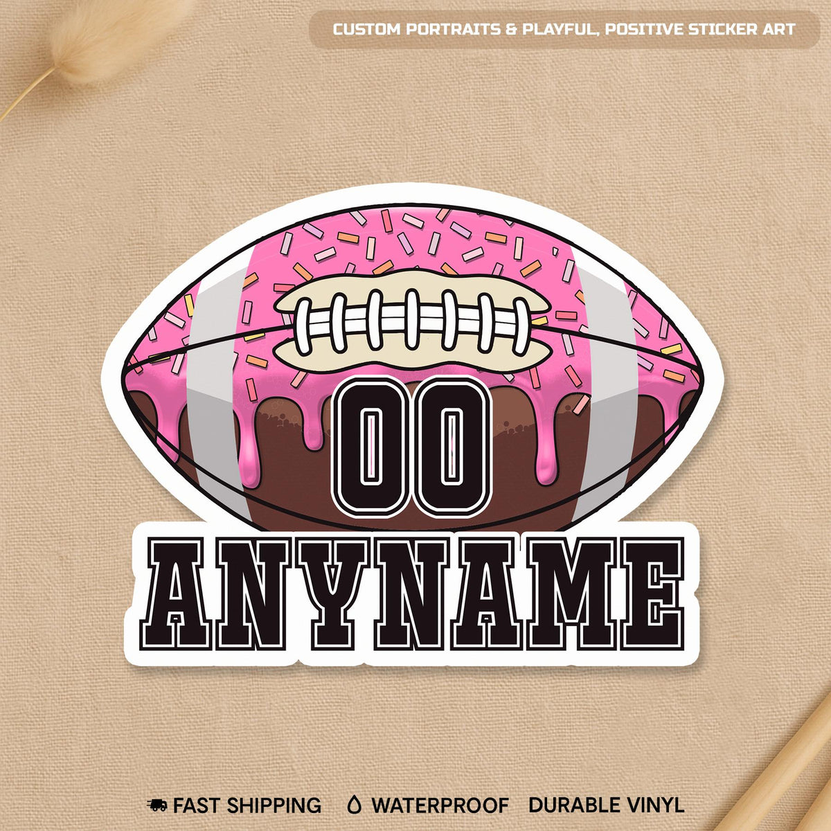 Custom football mom sprinkles drip sticker with a name and number