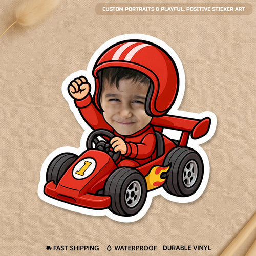 Custom Kid Face Race Car Sticker by Stickreews