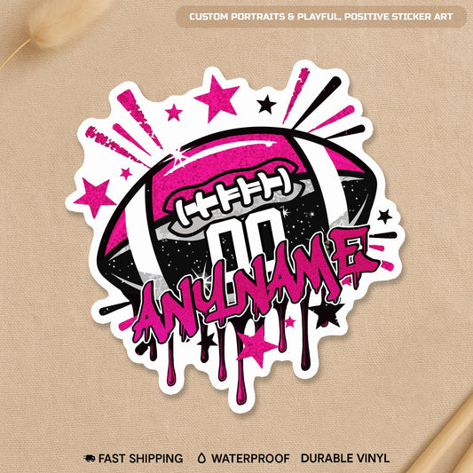 Custom American football drip sticker with a name and number