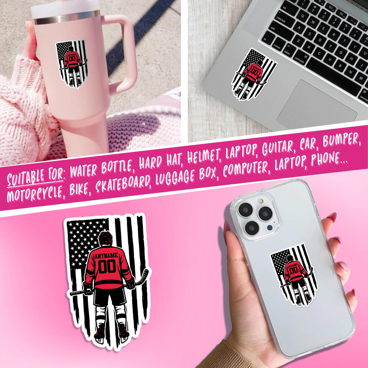 Custom hockey player sticker with a flag, name and number – view 4
