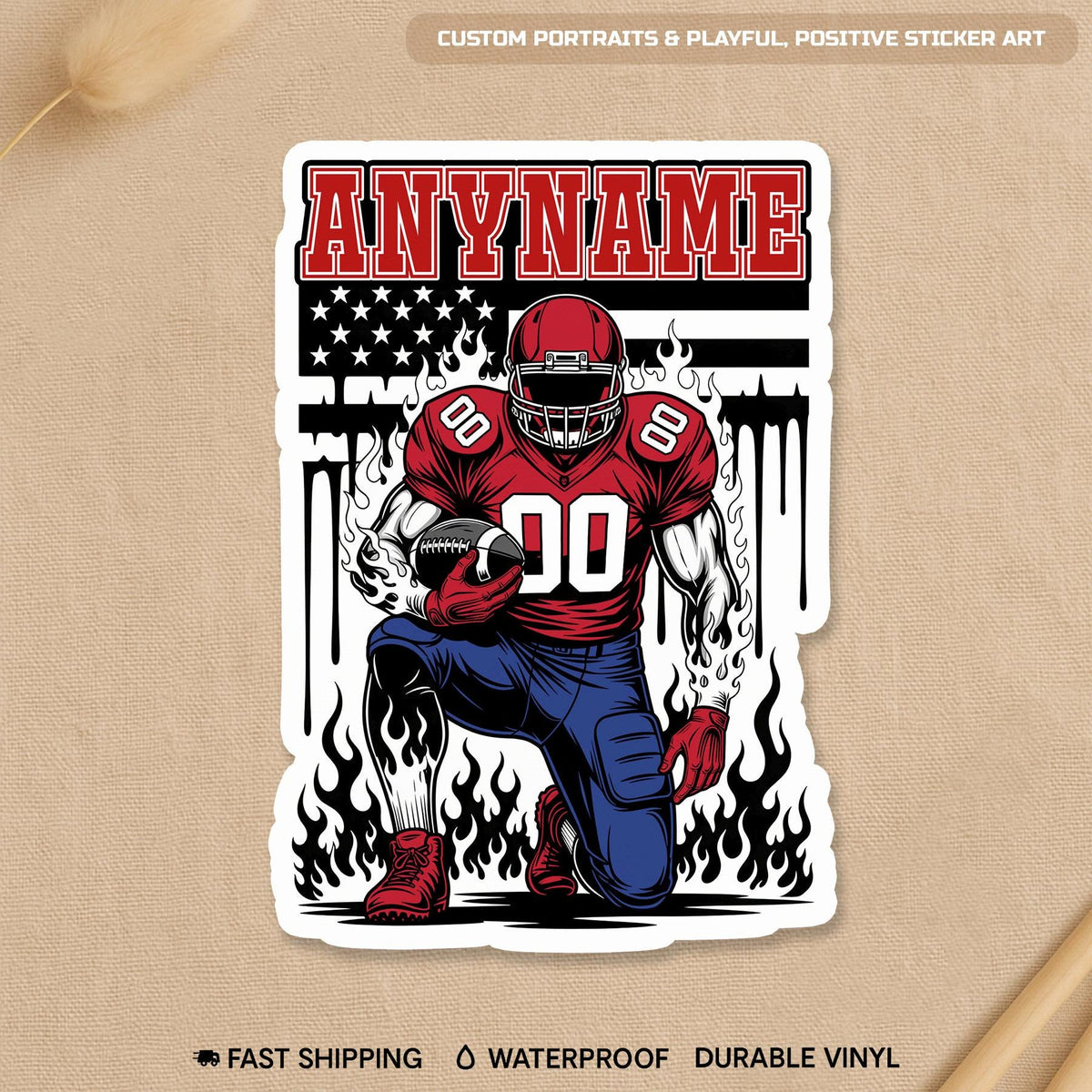 Custom football sticker with a flag, name and number