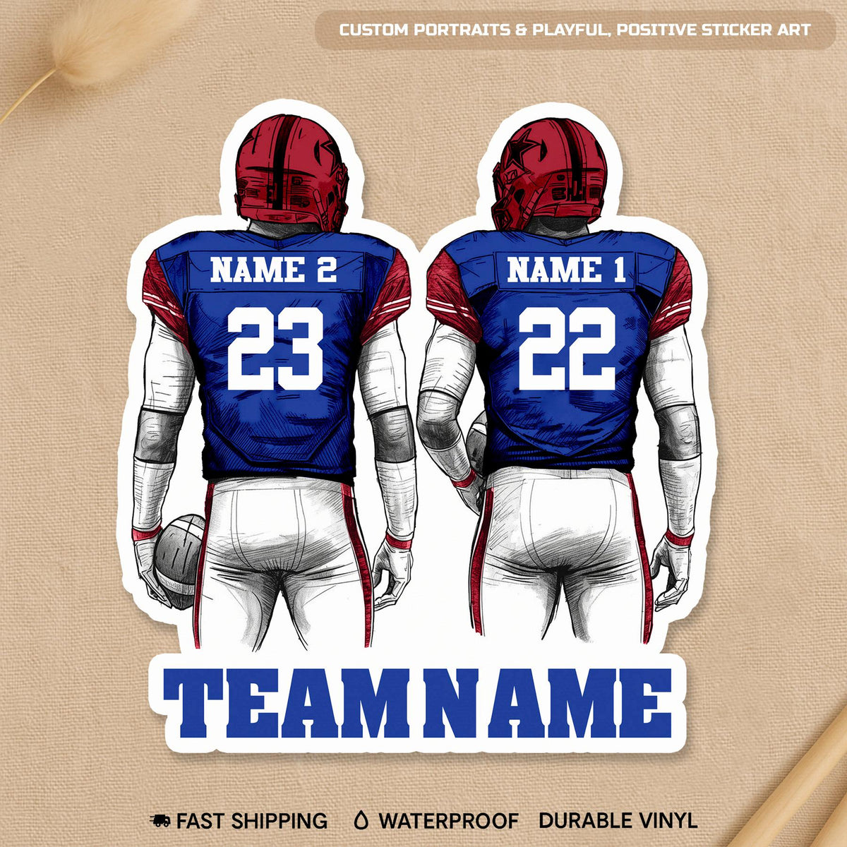 Custom football couple sticker with two players, names, numbers and a team name