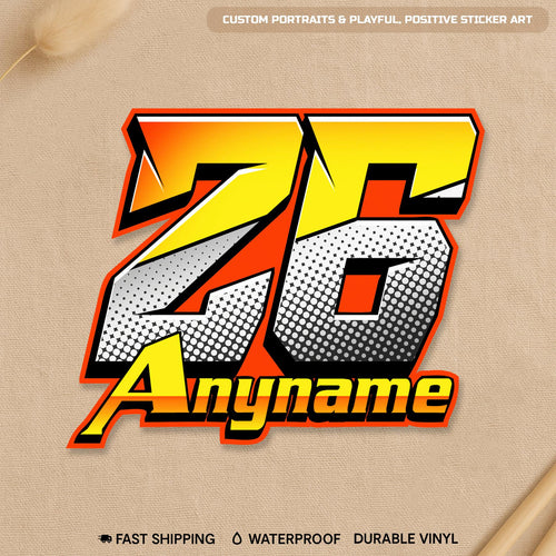 Custom dirt bike racer sticker with a name and number