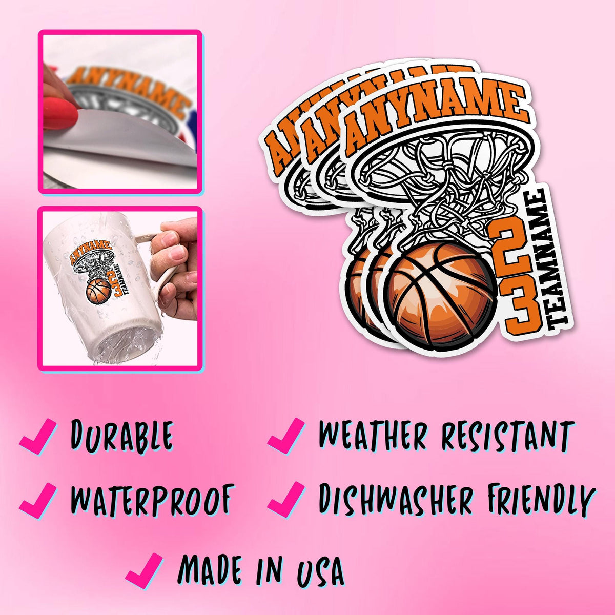 Custom basketball sticker with a name, number and team name – view 4