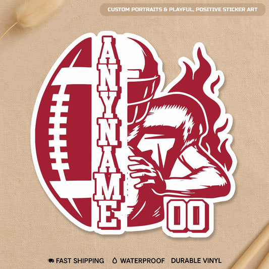 Custom football sticker with flames, a name and number