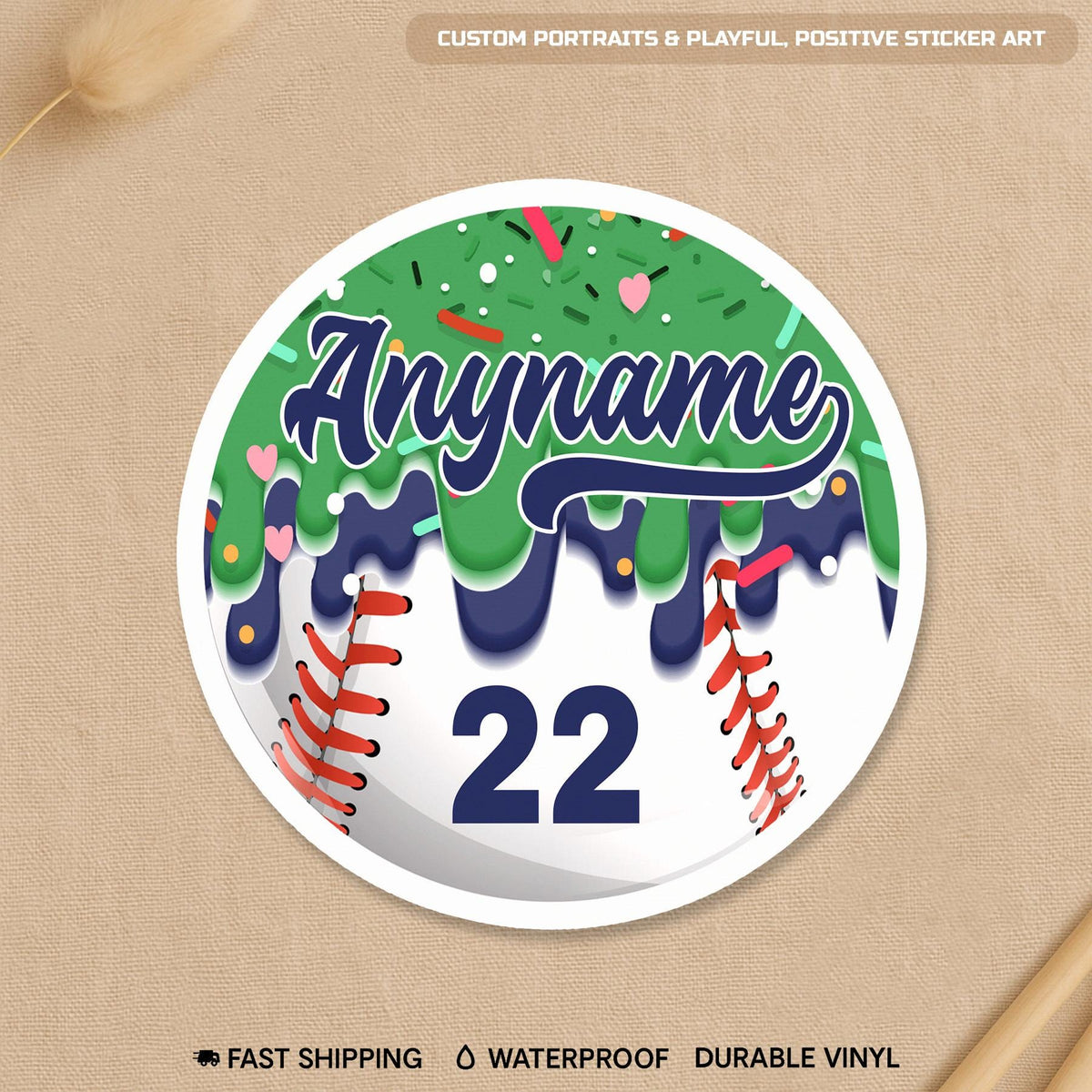 Custom round baseball drip sticker with a name and number