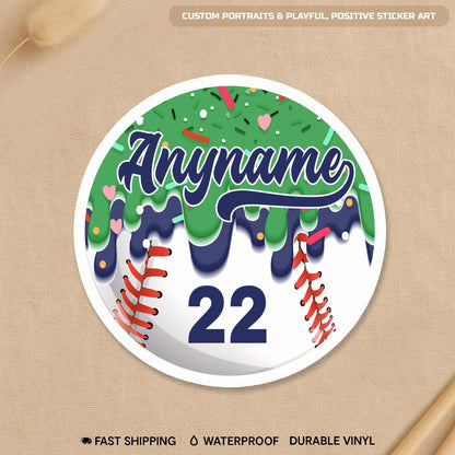 Custom round baseball drip sticker with a name and number