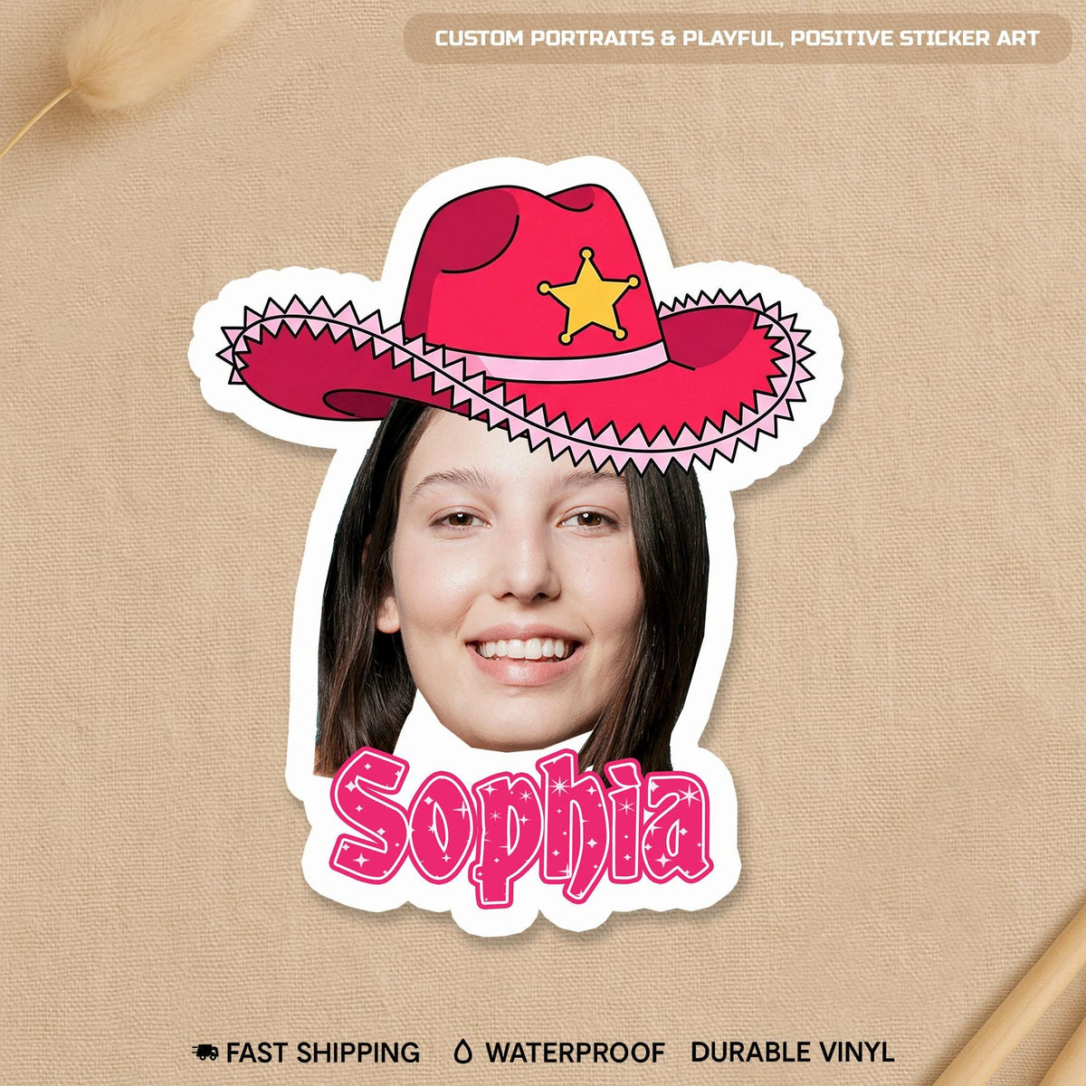 Custom cowgirl sticker with a face photo, hat, boots and a name