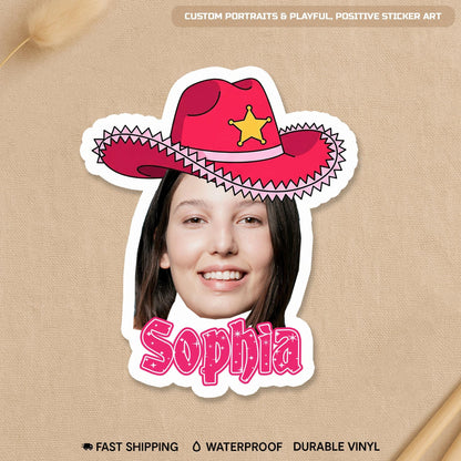 Custom cowgirl sticker with a face photo, hat, boots and a name