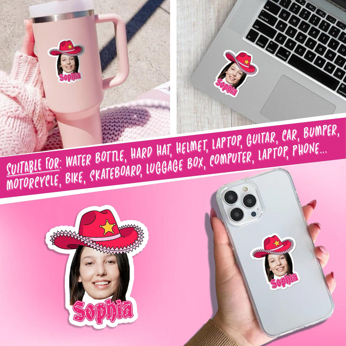 Custom cowgirl sticker with a face photo, hat, boots and a name – view 6