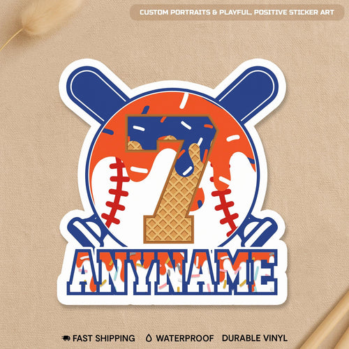 Custom softball drip sticker with crossed bats, a number and a name