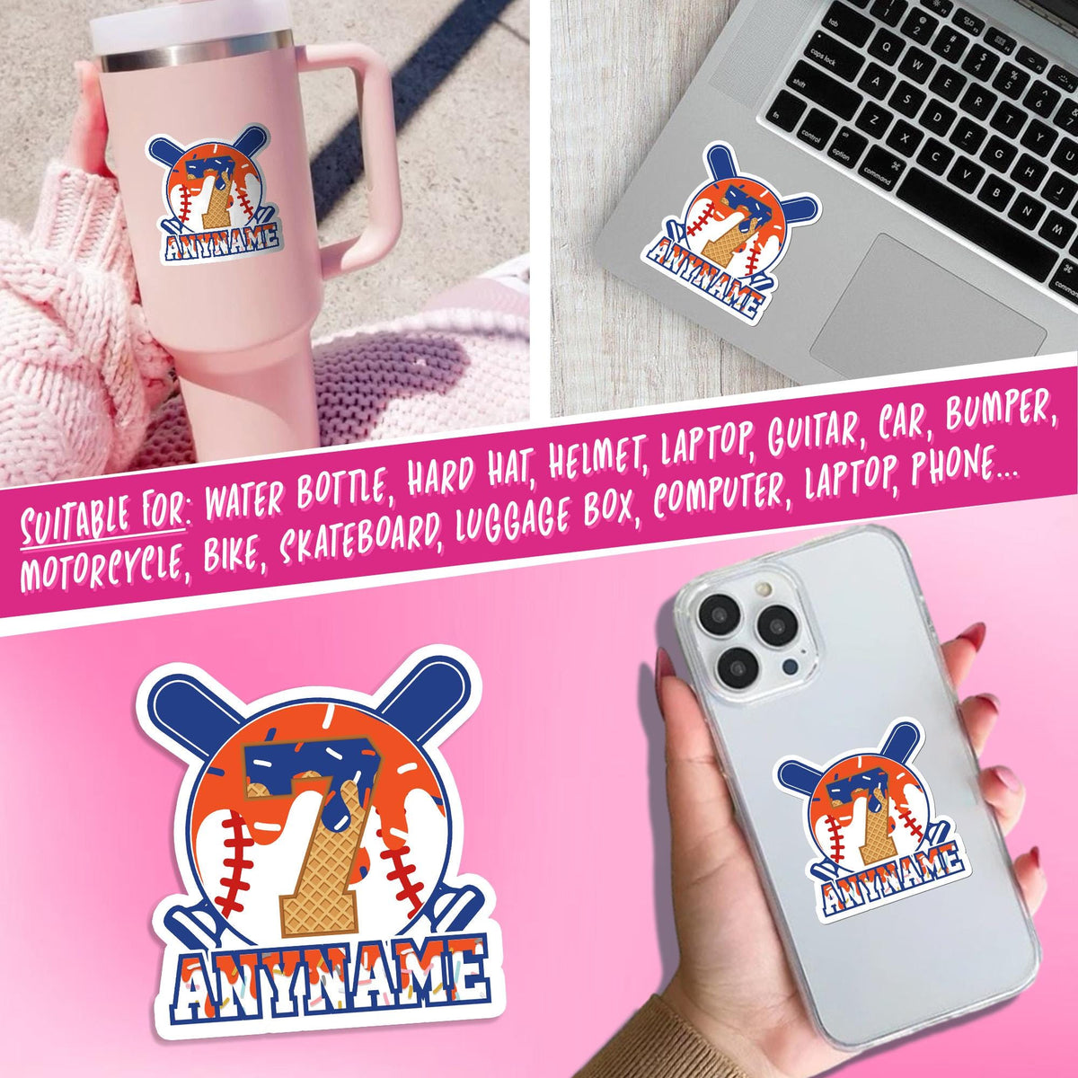 Custom softball drip sticker with crossed bats, a number and a name – view 5