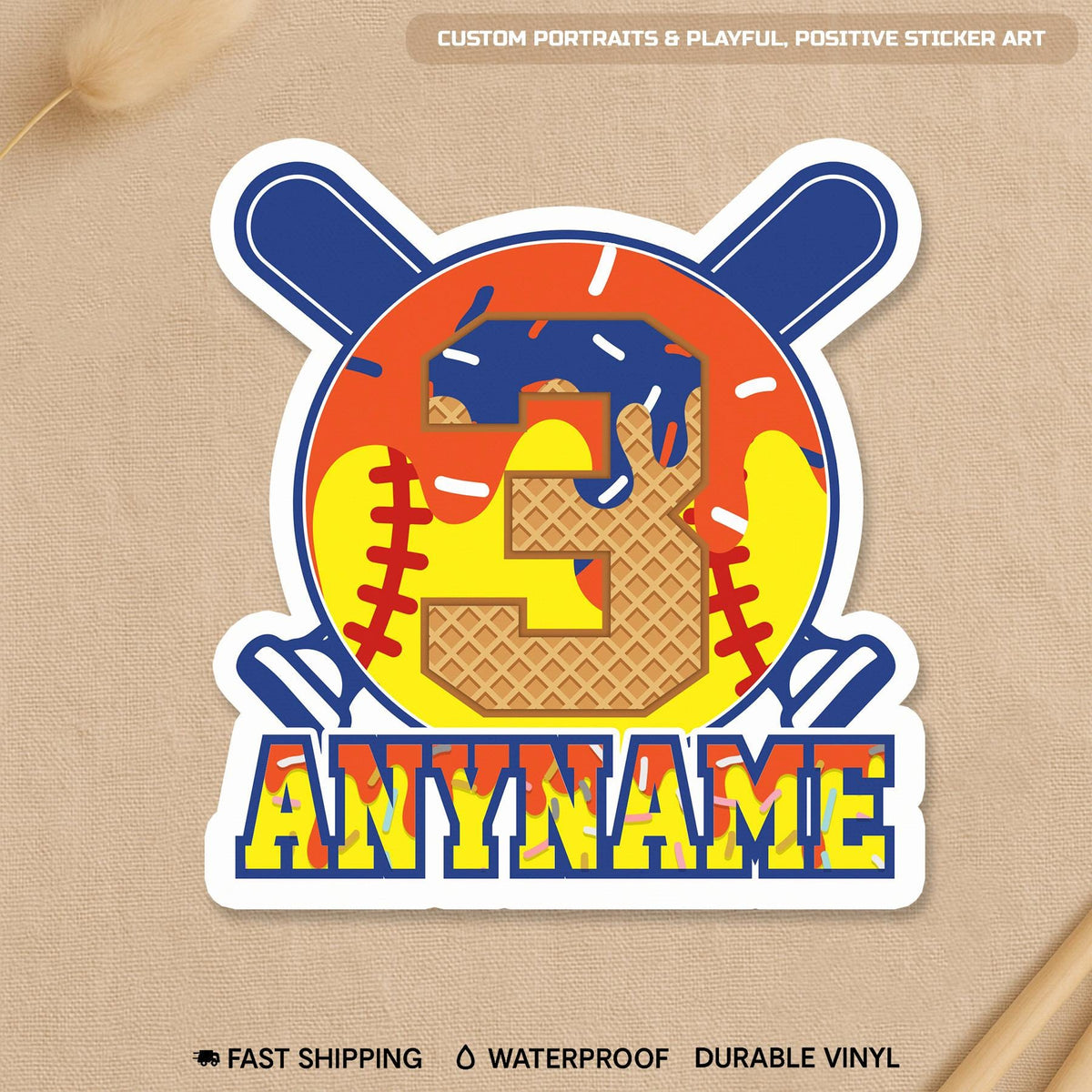 Custom drip softball sticker with crossed bats and a centered number