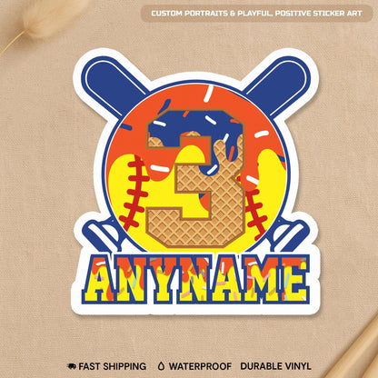 Custom drip softball sticker with crossed bats and a centered number