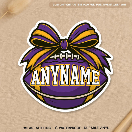 Custom football bow sticker with a name in two colors