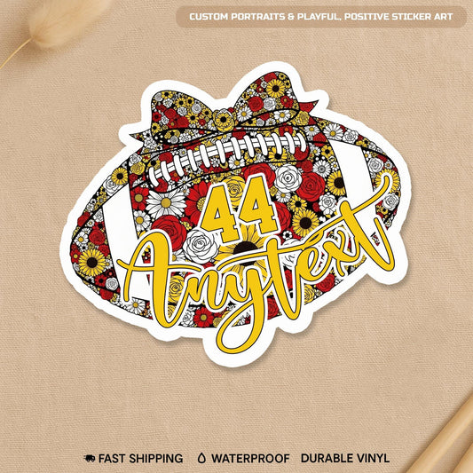 Custom coquette floral football sticker with a name and number