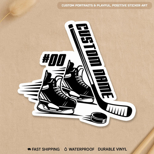Custom black hockey sticker with a name and number