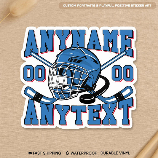 Custom hockey decal with a name, number and extra text