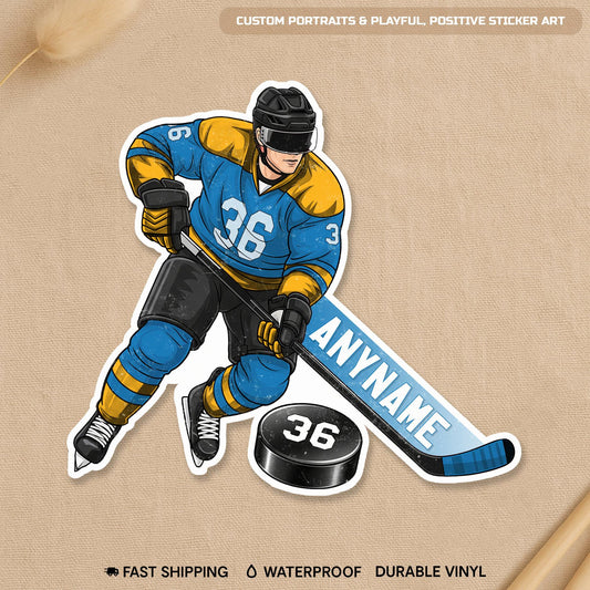 Custom skating hockey player sticker with a name and number