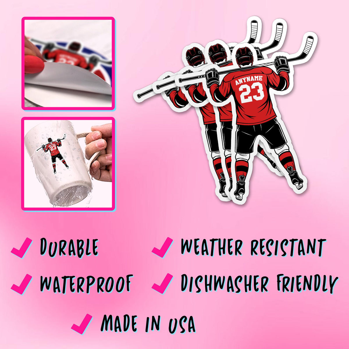 Custom hockey player sticker with a name and number, female or male player – view 6