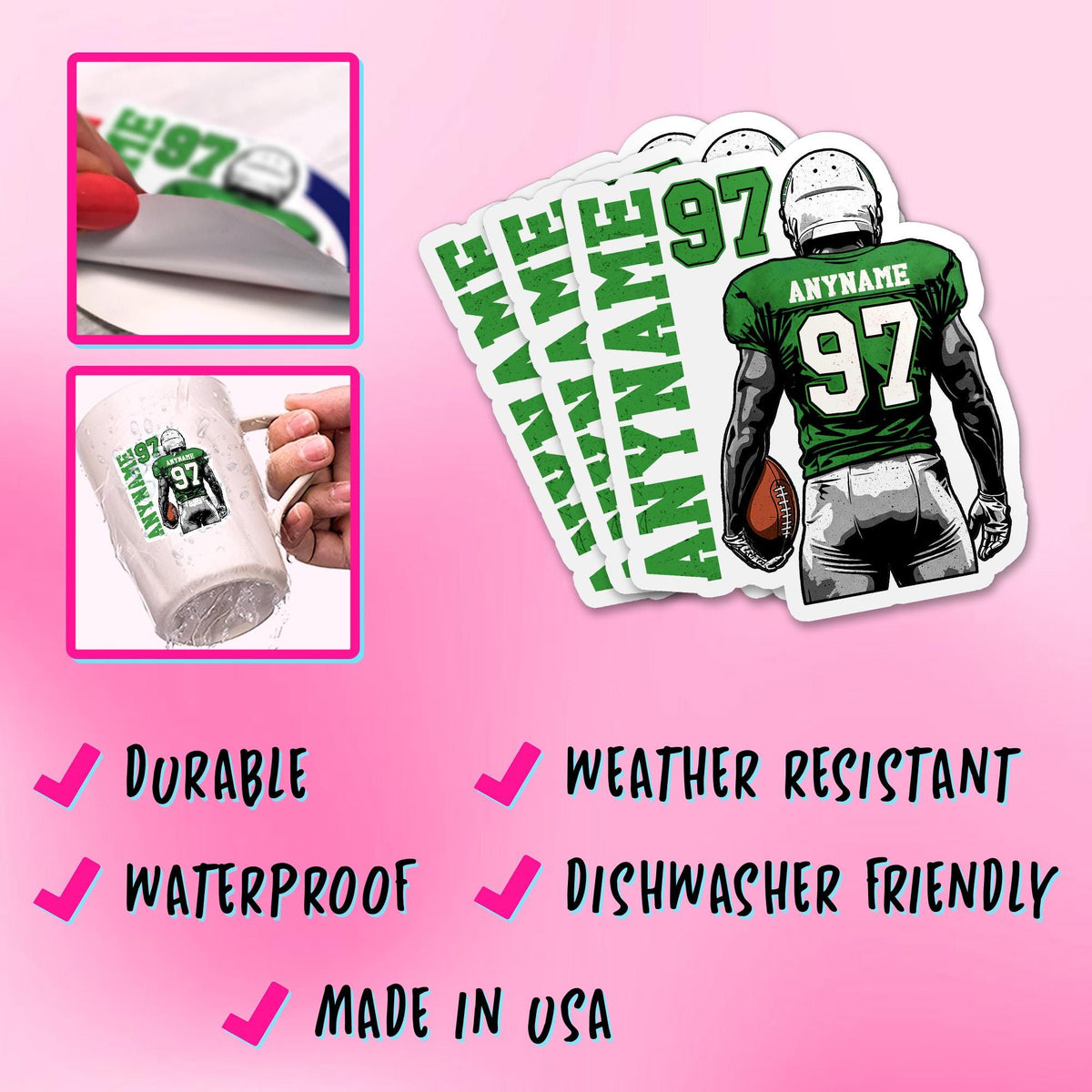 Custom American football player sticker with a name and number – view 4