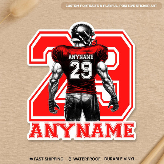 Custom football player back view sticker with a name and number